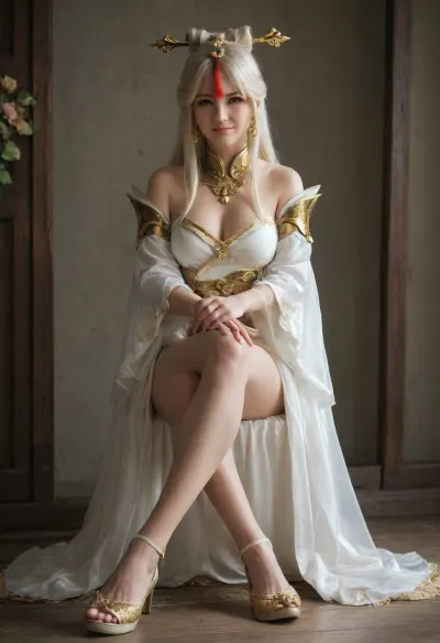 genshin, ningguang, cosplay, Clothing restoration, full body portrait, smiling eyes, sit with legs crossed