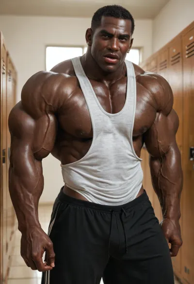 A sexy black young man, big beefy 40-years-old, (old black daddy:1), (black skin:1.6), black man, big lips, (big brown lips:1.4), big mouth, big muscles, (big muscles:1.3), big pecs, black skin, shine skin, wearing sexy tight low-waisted sagging sweatpant, underwear apparent, underwear visible, sagging boy, (sagging:1.4), a tank-top stucked and dangling in the waistband of his sweatpants, stands proudly in college indoor, sexy, hot, solo, only man, no women, front view, super cool pose, angry face, rage face, flexing biceps in lockers room.