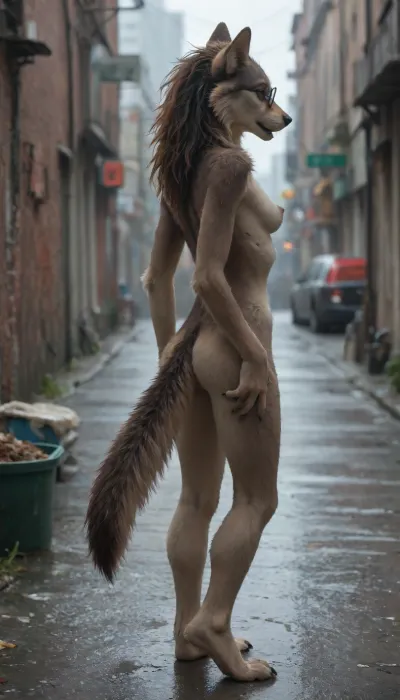 Realistic, city alley, behind a dumpster, side view, rainy day, heavy rain, naked skinny gothic, (Furry:1.8), anthro wolf, dark grey fur, Werewolf woman, (micro_pelvis, tiny hips, small round skinny perky ass, thigh gap, cameltoe pussy, puffy pussy lips), girl with black glasses on the floor, hands and feet on the ground with ass up, her butt is lifted up to the mans penis so that he can fuck her hard, she has hair dyed pink the brown roots, she is short in height, slender waisted, very skinny, she is not tall, she has long brown nipples, she is very slender waisted, very small breasts, brown eyes, very very tall naked white man is right behind her, standing up, he is pushing his dick back and forth inside her vagina, woman's tits are bouncing at every thrust, man is grabbing woman's ass cheeks firmly, wet bodies, wet hair, woman screaming in pain, real sex scene, steady shot, ultra detailed faces and bodies, HD