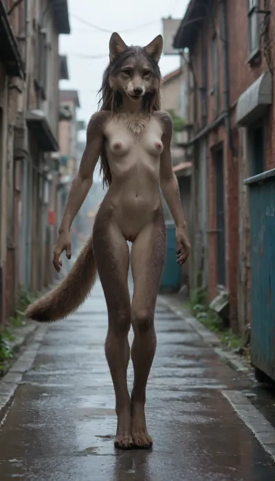 Realistic, city alley, behind a dumpster, side view, rainy day, heavy rain, naked skinny gothic, (Furry:1.8), anthro wolf, dark grey fur, Werewolf woman, (micro_pelvis, tiny hips, small round skinny perky ass, thigh gap, cameltoe pussy, puffy pussy lips), girl with black glasses on the floor, hands and feet on the ground with ass up, her butt is lifted up to the mans penis so that he can fuck her hard, she has hair dyed pink the brown roots, she is short in height, slender waisted, very skinny, she is not tall, she has long brown nipples, she is very slender waisted, very small breasts, brown eyes, very very tall naked white man is right behind her, standing up, he is pushing his dick back and forth inside her vagina, woman's tits are bouncing at every thrust, man is grabbing woman's ass cheeks firmly, wet bodies, wet hair, woman screaming in pain, real sex scene, steady shot, ultra detailed faces and bodies, HD