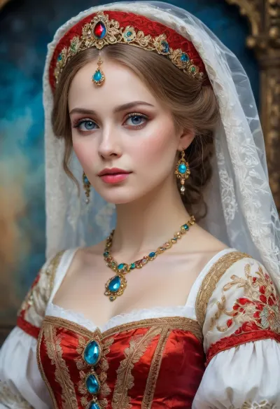 Portrait of a Russian beauty in national costume, lace filigree of bright, rich color. Super clear, highly detailed watercolor, glaze technique, plus colored alcohol ink, style of V. Vasnetsov