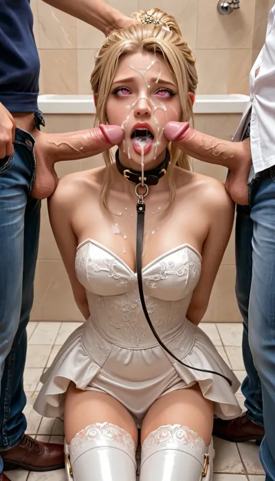 high quality, detailed, detailed face, Blonde hair, ponytail hairstyle, slut girl, whore, ahegao, pink eyes, public bathroom, cum on face, cum in hair, cum in mouth, evening, gown, strapless, wedding dress, gangbang, breasts, deepthroat balls deep, thighhighs, black, cleavage, hands behind back, double penetration, slave, leash, video recording, helpless, collar, boots, <lora:JustCum:1>, <lora:fre:1>