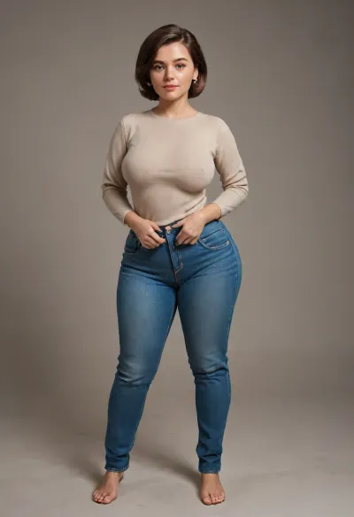 helen parr, large breasts, detailed waist, huge hips, saggy, beautiful face, tan skin, horny expression, jeans, tan long sleeve shirt, standing, full body, plump pelvis, fupa