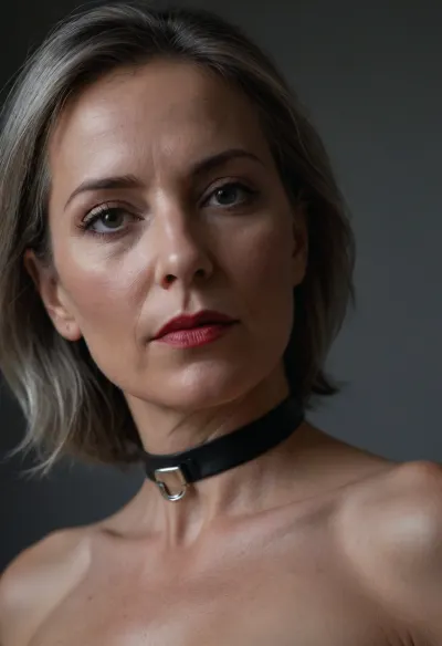 a 50 years old woman, A close-up portrait of a woman, captured in a candid moment. paired with a black choker featuring a silver buckle. Small nude perfect tits. Hard nipples. The woman's pose is relaxed, with one arm resting on a gray surface, and her gaze is directed towards the camera. The background is blurred, emphasizing the subject, and the overall color palette is dominated by red, black, and silver., detailifier