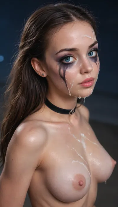 (Young petite tiny cutie girl:1.7), 18 years old, (((masterpiece))), (shiny skin), (((best pose:1.8))), (skinny:1.5), brown long hair, (blue eyes), (night makeup:1.5), (expression variety:1.4), (((very very big long eyelashes))), (very busty:1.7), (ab crack), ((wet Skin)), ((cum on face)), choker, (Bukkake:1.3), covered long erect nipples, ((shyness)), (face reddened with shame:1.5), shadows, bright light patches, light caustics, (rear view:1.5), (Dynamic angle:1.5), (((best quality))), side view, amazing quality, high contrast, volumetric lighting, intricate details, She just gave a deep blowjob and is happy to get cum on her face and wants to be fucked in the ass, (extra detailed:1.3), (((photorealistic))), (((big lips))), pink lipstick, facialized, superfacialized, <lora:illustrious_styles_v3_vpred:.1>, <lora:678016_training_data:.8>, <lora:facialized:.8>