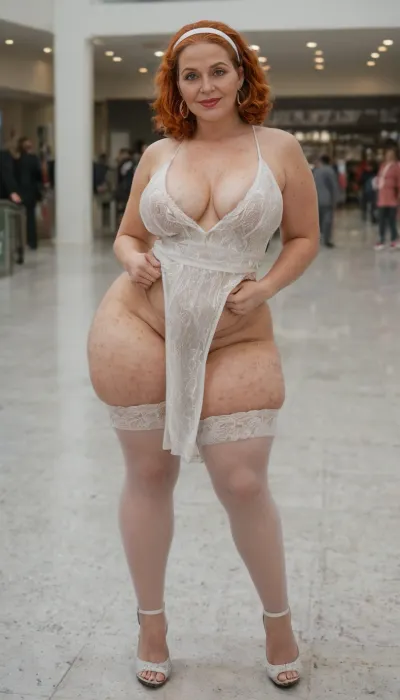 Chubby Old fat grandmother, Parking at the mall, redhead, naughty old face, head band, huge saggy tits, huge ass, wide hips, high legs, old cellulite frecles granny body, double chin, fat cheeks, High-heeled sexy shoes, stockings, sexy dress, stretch marks on body, frecles body, big eyelashes, big eyebrows, high detailed photo, 8k, high definition, high resolution, clothes, liner, shadow, run, off, lsrf, mascara, Freckles, <lora:liner shadow run off-GMR:1>, <lora:A_SHort_Cut_v3_SDXL:1>, <lora:Freckles:1>