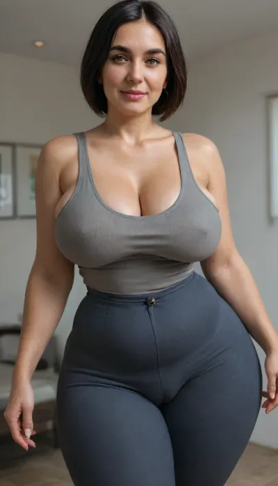 View from behind, Dynamic angle, dynamic pose, (gilf:1.5), fat bbw Indian woman, beautiful, slutty, mature married housewife, wearing a wedding ring on her left hand ring finger, wife, milf, cougar, mom, mombod, 50 years old, detailed eyes, (captivating amber eyes:1.3), (black hair), lush hair, (chubby face), (round face), (smile), (full lips), detailed mature face, fair skin, (wearing light tight high-waist pants, light low-cut v-neck tank top:1.5), (plump pelvis:1.3), pear shaped body, big hips, (wide hips:1.5), square hips, high hips, thick thighs, narrow waist, (love handles), (muffintop), (pudgy belly:1.4), (fupa:1.5), (cameltoe:1.5), looking at viewer, flirting, eye contact, upscale hotel room scene, full body view, seductive, high detailed skin, 8k uhd, dslr, high quality, detailed skin texture, highly detailed hair, detailed skin, sharp body, highly detailed body, realistic, soft focus, insanely detailed, highest quality, skin pores, skin imperfections, high resolution photography on a canon camera, friendly, flirty, thigh gap, (saggy breasts very down:1.3), detailxl, bottomheavy, huge, gigantic, thick, thighs, massive, plump, skindentation, chubby, bbw, venus, body, big, breasts, ass, <lora:Microwaist_XL_v01:.3>, <lora:add-detail-xl:.8>, <lora:detailed_notrigger:.8>, <lora:bottomheavy_v1_sdxl_tags:.8>, <lora:Chubby BBW - XL:.8>