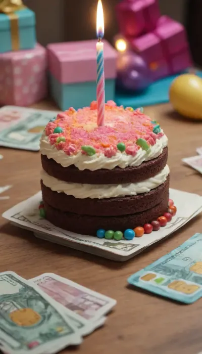 birthday, gifts, cake, table, money, huge SIM card, not pipple, not woman, (sim card 1:1.2)