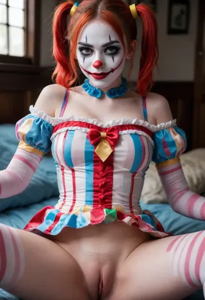 young beautiful girl 18 years old clown girl with big breasts, wearing a pulled-up dress without any underwear, laying on her back with spread legs, no panties, long striped socks, clown makeup, skinny, white face paint, detailed vagina, looking at the viewer, back long high twin multi-colored ponytails, excited, aroused, tack sharp, 4k, dslr