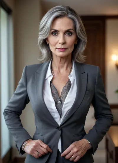ultra-realistic, 8K HD, thin 60-years old woman, detailed face, detailed hair, deep grey eyes, large breasts, wearing business suit, cleavage, (tattooed:.5), full-length photo, looking to the viewer