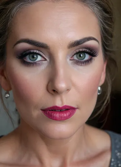 ultra-realistic, 8K HD, thin 50-years old woman, detailed face, detailed hair, deep grey eyes, (heavy eye makeup:1.5), close-up