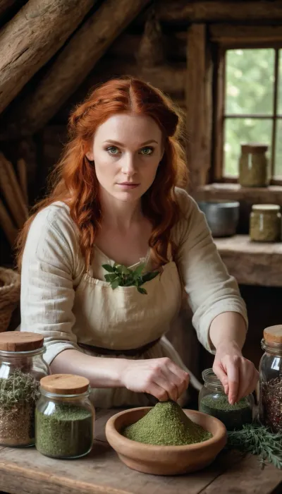 A hyper-realistic photograph of a skilled celtic druid female herbalist in her mid-30s, with fair skin and red hair and dark green eyes, seated at a rustic oak worktable inside a forest hut. She is carefully grinding dried herbs with a stone mortar and pestle, ((surrounded by neatly arranged glass jars)), linen pouches, and bundles of wild plants hanging from wooden beams. Soft winter daylight filters through a small window, illuminating the natural textures of wood, clay, and woven baskets. Shot with a DSLR using a 50mm prime lens, shallow depth of field, cinematic composition, ultra-high detail, natural color grading, and subtle bokeh in the background. The focus is on her calm concentration and precise hands at work, with the blurred forest hut interior softly framing her presence, evoking authenticity and quiet craftsmanship
