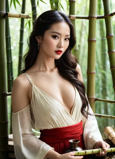 (magical realism:1.2), (Chinese herbalist:1.1), (beautiful Asian woman:1.3), refined, (long black wavy hair:1.1), (dark eyes:1), (full red lips:1), (forest hut:1.3), (bamboo forest outside the window:1.4), (old wooden shelf with herbs and bottles, potion in her hands, (glass flask:1.3), (focus on her hands:1), (neat hands:1), alchemist, (herbalist:1), (medieval:1), dried herbs, (magic:1.1), mystical, (fantasy:1), (elegant Chinese dress:1), (deep neckline:1.4), detailed dress, (amulet:1), (soft light:1), ((seductive gaze)), (macro:1), (high resolution:1.1), (photorealistic:1.2), (studio lighting:1.1), (deep focus:1), (realistic textures:1.1), (bokeh background:1), (excellent sharpness:1)), hand, man, woman, back, side, palm, right, left