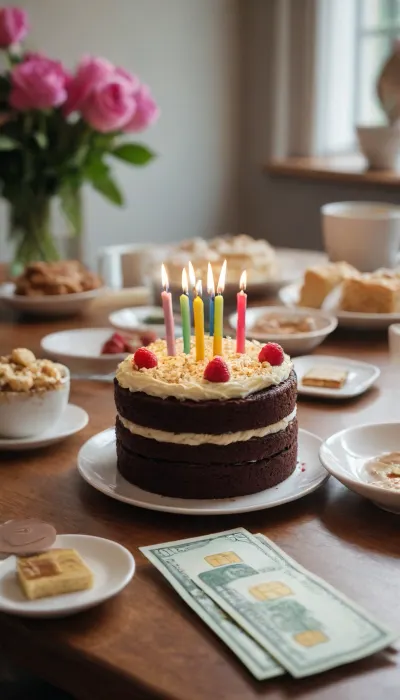 birthday, gifts, cake, table, money, huge SIM card, not pipple, not woman, (sim card 1:1.2)