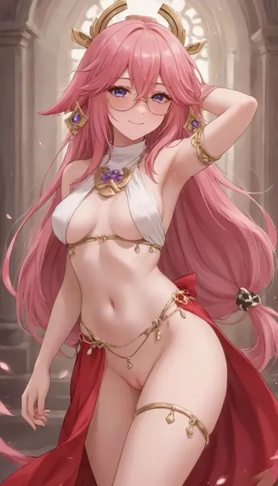 genshin, yae miko, strong blush, golden thin round glasses, long hair, micro belly dancer outfit, dancing, horny smile, pussy visible, <lora:outline_xl_kohaku_delta_spv5x:1.3>, <lora:NEOTOKIOXL_0.2_RC:.7>, <lora:Ppolar-P3v1-NbVp10:.7>, <lora:one breast out XL:2>, <lora:cartoon_stickers_xl_v1:.5>