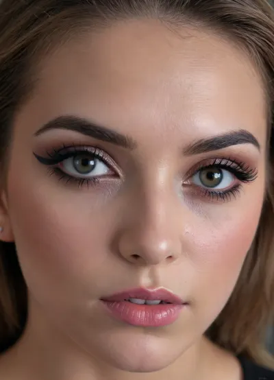 ultra-realistic, 8K HD, thick 20-years old woman, detailed face, detailed hair, deep grey eyes, (heavy eye makeup:1.5), (close-up:1.5)