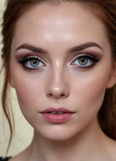 ultra-realistic, 8K HD, thin 20-years old woman, detailed face, detailed auburn hair, intense grey eyes, very long eyelashes, (heavy eye makeup:1.5), (close-up:.5)