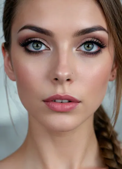 ultra-realistic, 8K HD, thin 20-years old woman, detailed face, detailed hair, deep grey eyes, prominent cheekbones, very thin upper lip, (heavy eye makeup:1.5), nose piercing, (close-up:1.5)