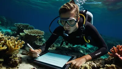 photo-realistic, details, magnificent coral reef in the southern hemisphere, with a lot of, (sea-animal life), (((rainbow-gradient colored corals:1.2), with mold-like infestations:1.1), in foreground), ((23yo), (diver), marine-biologist, nerdy but cute, with somewhat unfit body, (true skin tone), (natural skin-imperfections:1.1), wearing a neoprene FBSS-swimsuit, re-breather in mouth, (being worried and concerned:1.1), closely studying the infected corals, while taking notes with a stylus, on a, (rugged), underwater computer-tablet, in background), (natural underwater shadows), <lora:Full_body_smoothskin_swimsuit:.9>, <lora:dark:.3>