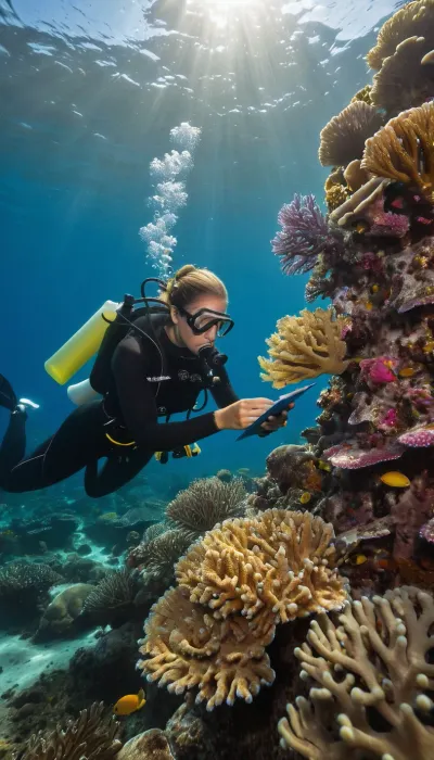 A marine biologist in full diving gear studies corals in the sea, surrounded by vibrant reef life. Sunlight filters through clear turquoise water, casting dappled patterns across branching staghorn, brain coral, and soft anemones. The biologist holds a waterproof clipboard and pencil, bubbles rising as they take notes, while schools of colorful fish swirl around. Ultra‑detailed, photorealistic textures, sharp focus on both diver and corals, cinematic wide‑angle composition, dramatic underwater lighting, National Geographic documentary photography style.