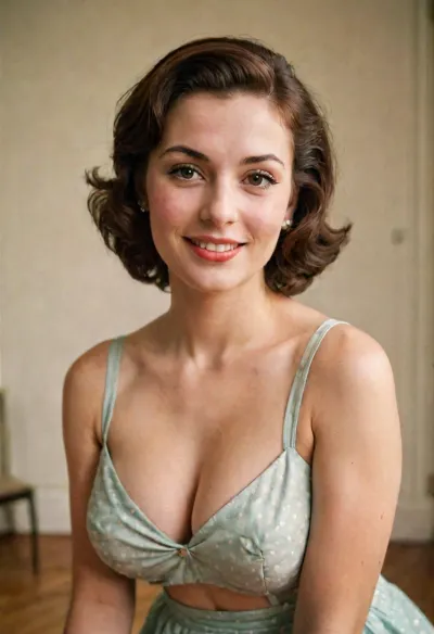 Vintage Photograph, Beautiful Young Housewife Portrait, Analog Film, Wearing 1950s Clothes, 1950s Makeup, 1950s, Large Breasts, Cleavage, Sweet Smile, Soft Lighting, Natural Skin Texture, Simple Background, Rule of Thirds Composition, Visible Grain, Shallow Focus, analog, AnalogRedmAF, <lora:AnalogRedmondV2-Analog-AnalogRedmAF:2>