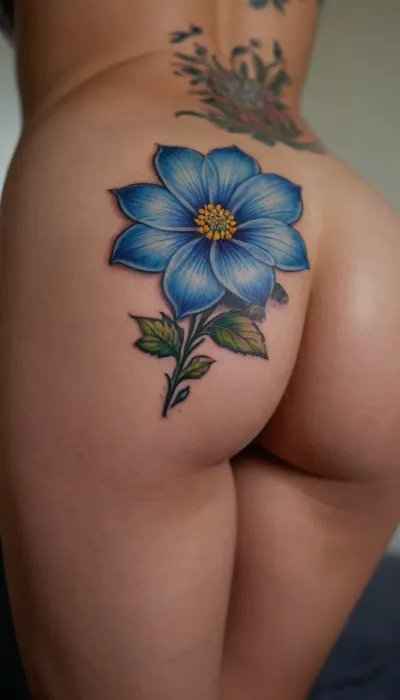 a blue flower tattoo on a butt