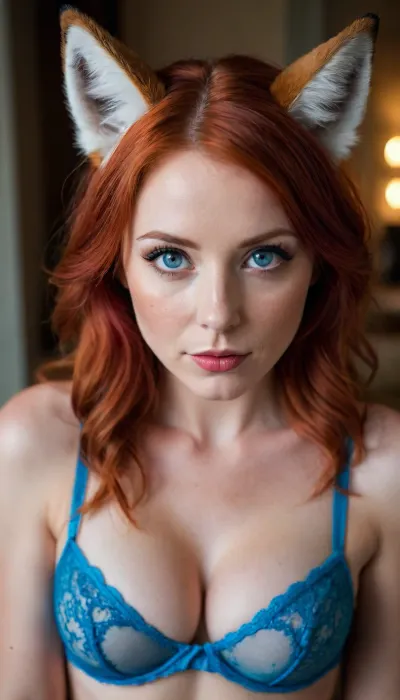 hands_on_breasts, red hair, blue eyes. fox ears, wearing lingerie, <lora:Tail_Plug__SDXL:.8>