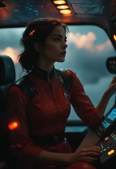 Inside the dimly lit cockpit of a sleek starship drifting above a glowing nebula, a slim, athletic 22-year-old woman leans over the pilot’s shoulder, her body close enough to brush against him with every subtle movement. The cockpit is filled with warm red and blue instrument light that reflects off her minimal, form-fitting off-world outfit, highlighting the smooth lines of her figure.

She reaches toward a console above him, her arm passing just inches from his face, her breath ghosting along his cheek. It’s a teasing, deliberate motion — innocent on the surface, but charged with powerful, forbidden tension. He looks up at her, catching her eyes in the reflection of the glass canopy, and the atmosphere between them becomes electric.

Outside the cockpit, stars streak by in hyperspace, flashes of cosmic light illuminate her skin in soft pulses, making the moment feel surreal and intimate. A soft vibration from the ship’s engines travels through the floor, adding a subtle physical intensity to their closeness.

Her fingers hover over a glowing control switch, but she doesn’t press it — instead, she lingers in that suspended second, letting silence, closeness, and unspoken desire build. The ship’s controls cast warm highlights across their faces, the rest of the world fades away as their bodies lean just slightly toward each other, trapped between tension and gravity.

Cinematic sci-fi lighting, glowing holograms, reflective glass surfaces, sensual atmosphere, ultra-realistic skin texture, fine details, strong emotional tension, teasing body language, high-end 8k sci-fi portrait photography with subtle motion and nebula reflections, (maximum detail), (super realistic photo:1.4), (maximum photo quality:1.4), (maximum resolution:1.5), saturated, Black, and, white, art, black, shading, charcoal, toned, brutal, dark, b/w, color, scheme, cloudy, smoke, atmospheric, clouds, fog, <lora:MJ52:2>, <lora:saturated_colors:.1>, <lora:Black and white art.V1:2>, <lora:add-detail-xl:1.7>, <lora:Cloudy_Style:1.4>