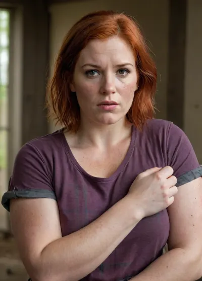 A strong, large, red-haired chubby woman. The woman is wearing a plaid shirt, (torn), with long sleeves rolled up at the forearms, (wet and dirty), . The woman is wearing army pants and rough boots, (brown eyes), . She has a very short haircut and wet hair, (burgundy-red hair color), . She has a very freckled face and freckled body.A woman recently had her face and hair cummed on. She is wide-short and has wide lips. She is unkempt, dirty, and unattractive. She is very busty. The woman has very large, powerful, muscular shoulders and very strong, wide forearms. She is wearing a wristwatch with a round dial on one hand. She is large, healthy, strong, and powerful, (she has very strong, powerful, large shoulders and biceps), (the red-haired woman has huge shoulders, huge arms, and very powerful forearms), . A very broad-shouldered and strong woman with large breasts. Short, matted red hair, wet with mucus, (dirty streaks of dried sperm on her face), . Wide-lipped.