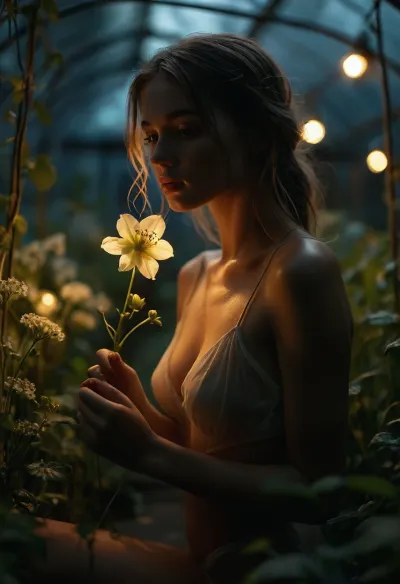 A 22-year-old, slim, sporty woman kneels in an overgrown greenhouse lit only by bioluminescent plants. Her minimal clothing is intertwined with delicate vines that glow faintly. She gently holds a mysterious luminous flower close to her face, her expression both sensual and reverent, as if the bloom reveals something intimate about her. The contrast between her athletic body and the surreal organic environment creates an unexpected harmony. Soft dreamlike fog, green and blue light sources, fine skin details, ethereal and erotic atmosphere, high-end fantasy photography style, <lora:add-detail-xl:.8>, <lora:MJ52:.8>, <lora:PhotoAgedSepia01-00_CE_SDXL_128OT:.8>, <lora:Cloudy_Style:1.9>, <lora:attractive_notrigger:.1>