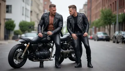 Two gay muscular bikers in tight black leather jeans are fucking.