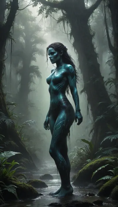 On a lush, bioluminescent rainforest planet, a slim, athletic 22-year-old woman navigates a glowing, mist-filled jungle with a mysterious man. Towering alien trees drip iridescent sap, vibrant plants pulse softly with light. Strange, colorful creatures — some fluttering like oversized butterflies, others slithering silently through the foliage — surround them, creating a living, breathing backdrop.

As they move through the dense undergrowth, she brushes past him, their bodies nearly touching, every motion charged with teasing tension. Her minimal, form-fitting off-world suit clings to her damp skin, highlighting her athletic curves. He instinctively reaches to steady her as she steps over a fallen log, their closeness electric.

A sudden low growl from a luminescent predator echoes behind them, and adrenaline spikes — their hearts racing both from danger and the intoxicating intimacy of proximity. Mist swirls around them, catching neon light from glowing flora, and water droplets cling to her skin like tiny jewels.

They pause on a narrow vine bridge over a glowing river, eyes locked, bodies tense yet magnetically drawn together. The rainforest around them throbs with life, the sounds, lights, and movement amplify the erotic charge without a single explicit touch.

Cinematic sci-fi rainforest lighting, ultra-detailed alien flora and fauna, glowing bioluminescent accents, warm + cool highlights, sensual body language, story-driven composition, 8k high-end portrait photography, dynamic motion, tension, and teasing intimacy, hvrn, heavy, rain, Black, and, white, art, black, shading, charcoal, toned, brutal, dark, b/w, color, scheme, haze, <lora:Heavy_Rain_XL-000008:.6>, <lora:add-detail-xl:.5>, <lora:Black and white art.V1:.5>, <lora:EnvyHazeSliderXL01:1.1>