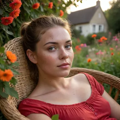 A beautiful English woman, lays asleep on her side on a round wicker chair, she is sideways in the picture frame, horizontal, facing the camera, in a beautiful cottage garden, dripping with bright flowers, thatched cottage in the background, all bathed in the warm golden hues of a breathtaking sunset, (perfect face:1.5), (perfect nose), wearing a red short sleevedT-shirt, fully clothed, gentle sunset light filter through the leaves, visible freckles, very freckleld. sun-kissed skin, looking at the camera. hair pulled back into a short, ponytail, slicked back hair. Very sweaty, the sunset makes her skin glimmer, suntan lines visible. Hollywood’A lister’ looks. Sun kissed face., hint of a smile, Detailed face and eyes., Extreme close up of her face, <lora:Midjourney Image Enhancer XL v1:1.5>, <lora:bralessSDXL_v1_00022:1>, <lora:lora-sdxl-perfect-eyes:2>