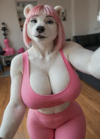 (dynamic view), solo, ((polar bear woman:1.2)), Anthro, anthrofied, bear, pink hair, Bob cut, (pink yoga clothing, yoga pants, cleavage top:1.3), voluptuous body, horny, fur, white fur, (extreme shiny fur:1.3), huge ass, big breasts, thick thighs, ((selfie pose)), (((furry art, anthro woman)))