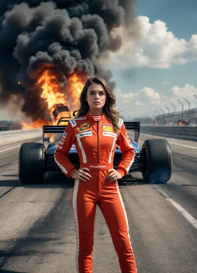 1girl, racer suit, inside bolid, fire tires, burning wrecks in background, crashed cars, highway, smoke cloud on the sky, drawix9, dwx9, 90sformula1, formula, 1, f1, <lora:drawix9:1>, <lora:F1_90s:1>