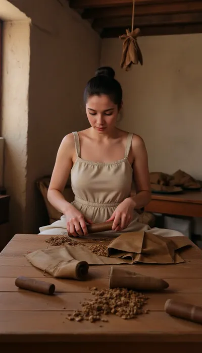 Inside a traditional Havana cigar workshop, a beautiful Cuban torcedora in her mid 30s works quietly at a worn wooden rolling table. She wears a simple, loose-fitting cotton work dress typical of Cuban factory workers—lightweight, modest, sleeveless or short-sleeved, with a soft gathered waist. The fabric is natural, breathable, slightly worn from years of use, and not modern, stretchy, or synthetic. Her dark hair is tied back in a practical bun, with a few strands escaping in the humid air. Her beauty is natural and unembellished, warm brown skin, expressive eyes, and the calm, focused expression of a skilled craftswoman.

In front of her are real cured tobacco leaves, large, thin wrapper leaves with visible veins, pliable and brown. With steady, practiced movements, she is actively rolling a cigar on a traditional wooden rolling board—smoothing the wrapper leaf around the bunch with both hands, shaping it as only an experienced torcedora can. Several finished cigars rest nearby, along with trays of cut filler tobacco, (not dough), and bundles of dried leaves hanging from wooden beams behind her. The atmosphere is warm, dusty, and authentic, lit by soft natural window light that reveals the textured plaster walls and floating tobacco dust. She is completely absorbed in her work, not posing, not looking at the camera.

The image must feel like real documentary photojournalism, grounded, respectful, fully SFW, culturally accurate, unromanticized, and true to the daily work of a Cuban torcedora.