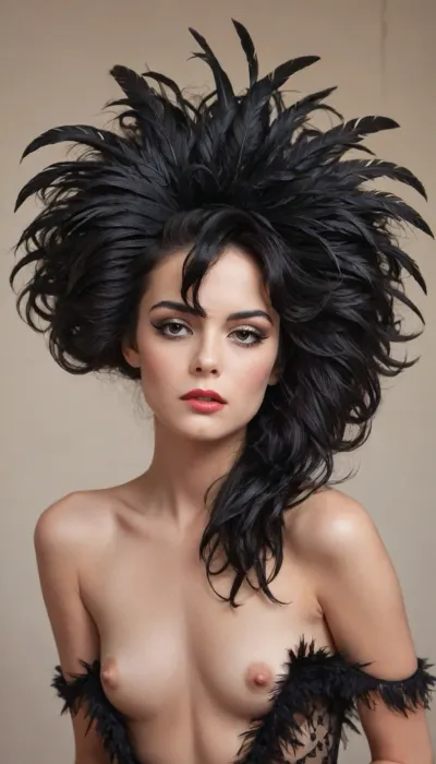 David Downton Pavel Guzenko oil painting beautiful woman and glamour of elegant with black hair, with feathers in her hair, cgsociety contest winner, very aesthetic, eroticart abstract granq sfumato modernart retro style digital art and glamour, flat, chested, biting, own, lip, big, hair, <lora:flat_chested_v3.5:2>, <lora:biting_own_lip-000008:2>, <lora:hair_style:2>, <lora:xl_big_hair-1.0:2>