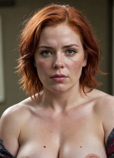 A strong, large, red-haired chubby woman. The woman is wearing a plaid shirt, (torn), with long sleeves rolled up at the forearms, (wet and dirty), . The woman is wearing army pants and rough boots, (brown eyes), . She has a very short haircut and wet hair, (burgundy-red hair color), . She has a very freckled face and freckled body.A woman recently had her face and hair cummed on.There is a tattoo, (orca), on one of the woman's shoulders. She is wide-short and has wide lips. She is unkempt, dirty, and unattractive. She is very busty. The woman has very large, powerful, muscular shoulders and very strong, wide forearms. She is wearing a wristwatch with a round dial on one hand. She is large, healthy, strong, and powerful, (she has very strong, powerful, large shoulders and biceps), (the red-haired woman has huge shoulders, huge arms, and very powerful forearms), . A very broad-shouldered and strong woman with large breasts. Short, matted red hair, wet with mucus, (dirty streaks of dried sperm on her face), . Wide-lipped.