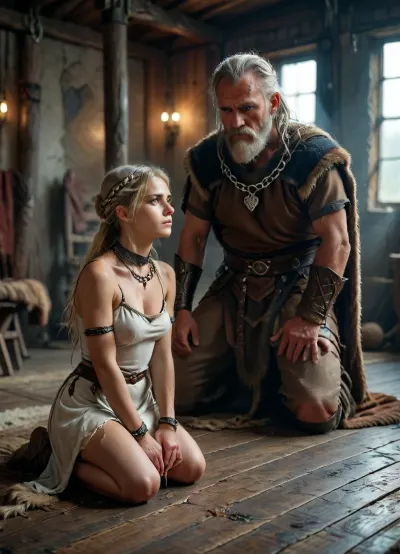 a old man and elderly tiny woman, woman wearing viking tunic, prostrating before a old Celt Warrior, looking at him with tenderness and admiration, dominating her, she is chained, woman kneeling, open legs, in the background near them stand a dressed Viking woman and observe, raw, detailed, eyes, perfect, freckles, skin, texture, photorealistic, <lora:Realism_Lora_By_Stable_yogi_SDXL8.1:2>, <lora:MJ52:1.6>, <lora:Super_Eye_Detailer_By_Stable_Yogi_SDPD0:1.7>, choker, <lora:Choker-FFashion-Part1-32.LORA:.8>, torn, fly, down, at, _______, <lora:tornclothesv6-8:.8>