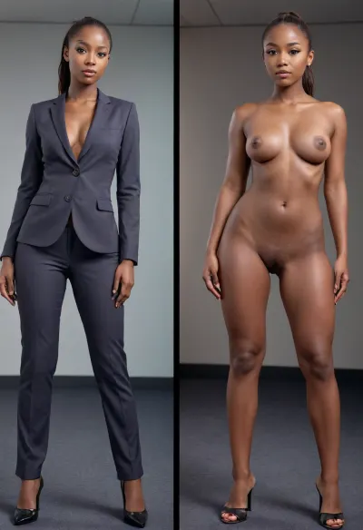 Two pics dress and undress of 25 yo african girl, dressed in boss suit, ponytail, small ass, petite body, slim body, kneeling in sexy position, front wiew, full body wiew, onoff, <lora:OnoffXL_ExtraCrispy:.8>, (basic\)