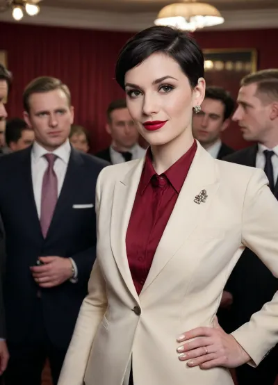 30 years old woman, realistic photographic style, Scandinavian, fit body, pale skin, beautiful face, very short black hair, extremely short haircut, pixie cut hairstyle dark red lipstick, light make-up, eyeshadow, very pale skin smiling, long diamond earrings. large breasts. Black man's style suit of jacket and trousers, with white man's style shirt with red tie. Black high heel shoes. Masculine appearance of clothing. Badge hanging from a lanyard around neck reading COMPANY WHORE. Only woman in the image in a busy old-fashioned Gentlemen's club and standing talking to men in suits, numerous men in suits around the room. Men in suits on both sides of woman talking to her. Very bright lighting, pastel colour grading