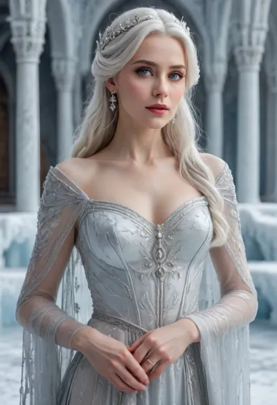 (photorealistic:1.5), raw photo photorealistic image of a snow queen in her mid 40's, regal elegant face, porcelain complexion, white hair, (silver eyes, long bangs, long intricately style hair), in a alluring dress made of ice, posing seductively through a bright, snowy ice palace, fantastic architecture, detailed reflections on the wet ground, intense colors, cinematic lighting, 8k resolution, highly detailed, realistic textures, dynamic composition, sharp focus, vivid and intricate background