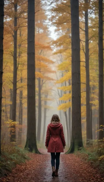 Woods, raining, girl walking in the woods, looking up, autumn, back view