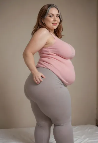 (obese:1.5), (gilf:1.3), 60 years old chubby gilf, (wearing a pink sleeveless shirt, gray high-waisted leggings:1.3), tanned skin, (wavy silky auburn hair with gray highlights:1.3), bangs, voluptous, (chubby mature face), glamour, cinematic, hyperrealistic, 5k, best quality, (8k, RAW Photo, Highest Quality), (Epic Realism), Hyper Realistic, (Detailed Eyes), (Superior Quality), Intricate Detail, Cinematic, plump lips, no makeup, striking eyes, full lashes, juicy lips, voluptuous lips, lipstick, Detailed, (film grain length, 135mm, f/2.8, DoF, ultra-detailed skin, wrinkles, (captivating perfect bright amber eyes:1.3), skin pores, prominent limbal ring, high-contrast eyes, finely detailed features), (mouth open wide), o shape mouth facial expression, smiling, epiCNegative, suntanned skin, photo, in, phst, artstyle, BadX, wrinkles, bottomheavy, big, ass, huge, gigantic, thick, thighs, massive, <lora:SDXL1.0_Essenz-series-by-AI_Characters_Style_BetterPhotography-v1.2-'Skynet':.4>, <lora:bottomheavy_v1_sdxl_LoRA:.8>, large saggy breasts, sideboob, hanging, breasts, <lora:hanging breasts XL:.8>