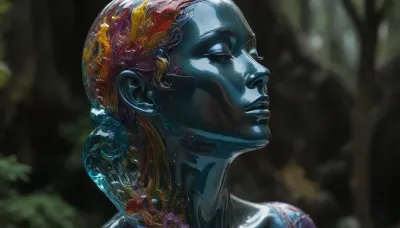 unreal dream, no limits, A detailed and vibrant statue of glasssculpture, alisabcnv in a fantastical orbit landscape with vibrant colors and intricate details, rendered in an art style that mixes realism with elements of surrealism, done by artists such as Ruan Jia and Yoshitaka Amano., <lora:sdxl_glass:2>