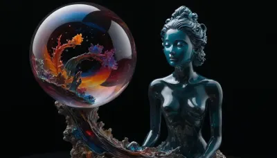unreal dream, no limits, A detailed and vibrant statue of glasssculpture, alisabcnv in a fantastical orbit landscape with vibrant colors and intricate details, rendered in an art style that mixes realism with elements of surrealism, done by artists such as Ruan Jia and Yoshitaka Amano., <lora:sdxl_glass:2>
