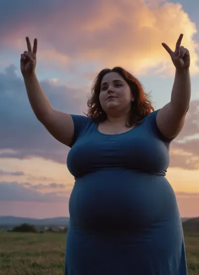 A surreal twilight silhouette scene featuring a 30 years old fat chubby woman standing outdoors during sunset, raising one arm with two fingers extended in a peace sign. The sky behind them is filled with clouds and transitions from deep blue at the top to warm orange and yellow near the horizon. The contrast between the dark silhouette and the vibrant sky creates a serene and emotionally resonant atmosphere. Cinematic composition, wide-angle shot from low angle, pastel color grading, 8K resolution, ultra-detailed textures., <lora:Chubby BBW - XL:2>