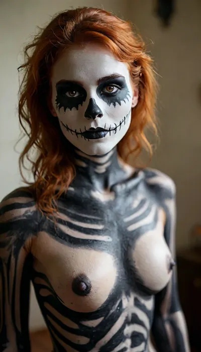 Sexy skeleton costume, gorgeous 20yo red-haired instagram model with very large natural breasts naked with black and white skeleton style bodypaint at a Halloween party, smiling, full body view, hairy bush, face paint, central focus, but, <lora:MJ52:2>, <lora:add-detail-xl:2>, <lora:BUT_SDXL_SHS:.3>