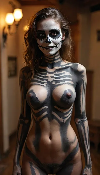 Sexy skeleton costume, gorgeous 20yo brunette instagram model with very large natural breasts naked with black and white skeleton style bodypaint at a Halloween party, smiling, full body view, hairy bush, face paint, central focus, but, <lora:MJ52:2>, <lora:add-detail-xl:2>, <lora:BUT_SDXL_SHS:.3>