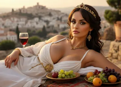 (((Busty:1.5))), (skinny), (((Byzantine Greek empress Theodora MILF young Lisa Ann))), white toga, reclining, outdoors Byzantium Istanbul city skyline vista, Constantinople, platter of grapes, fruit, wine, years old, beautiful detailed eyes, waist, key visual, vibrant, highly detailed, ((())), (((POV JOI))), <lora:bombshell_v2:.6>, <lora:MJ52:.1>